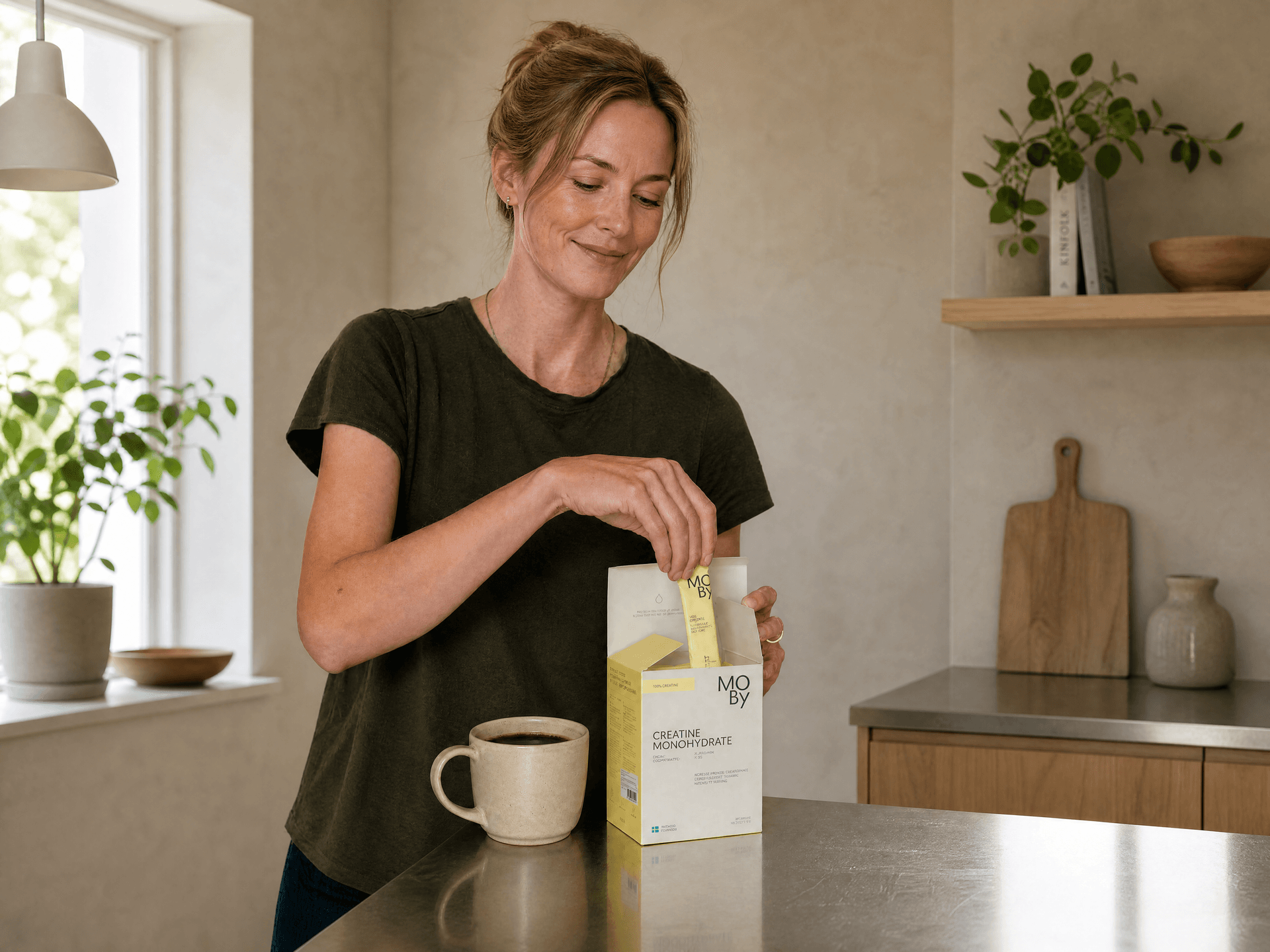 Generated brand-kit product photo — a creatine stick pack opened at a kitchen counter