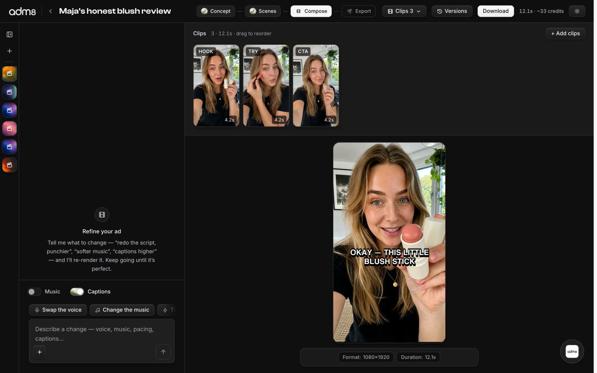 Composer with a finished vertical blush-review ad — hook, try, and CTA clips, a caption-burned preview, and the refine chat