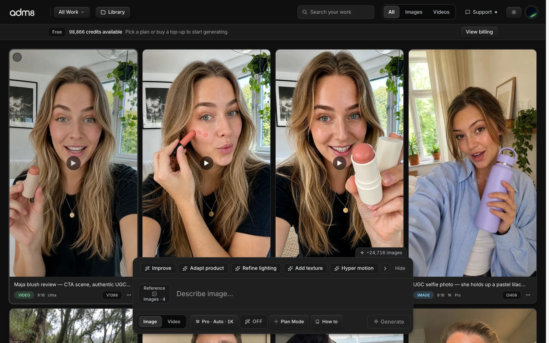Studio workspace with a feed of generated UGC images and videos — a creator reviewing a blush stick, another holding a water bottle — above the prompt bar