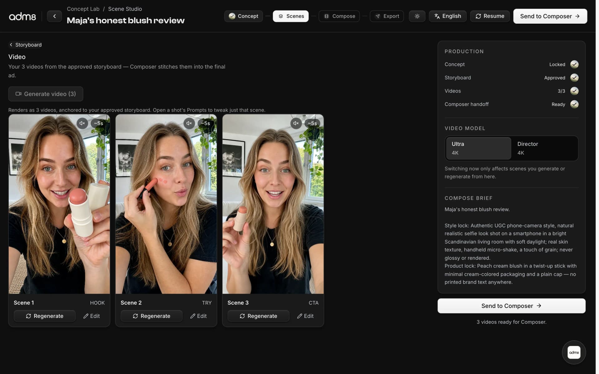 Scene Studio with three rendered UGC blush-review scenes — hook, try, and CTA — the same creator in every clip, each with its own regenerate and edit controls